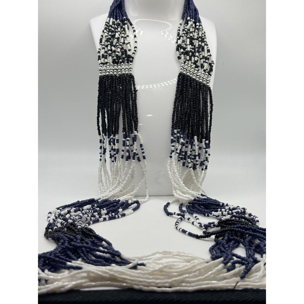 Handmade Seed Bead Necklace Long Blue Black White Southwestern 34-37"